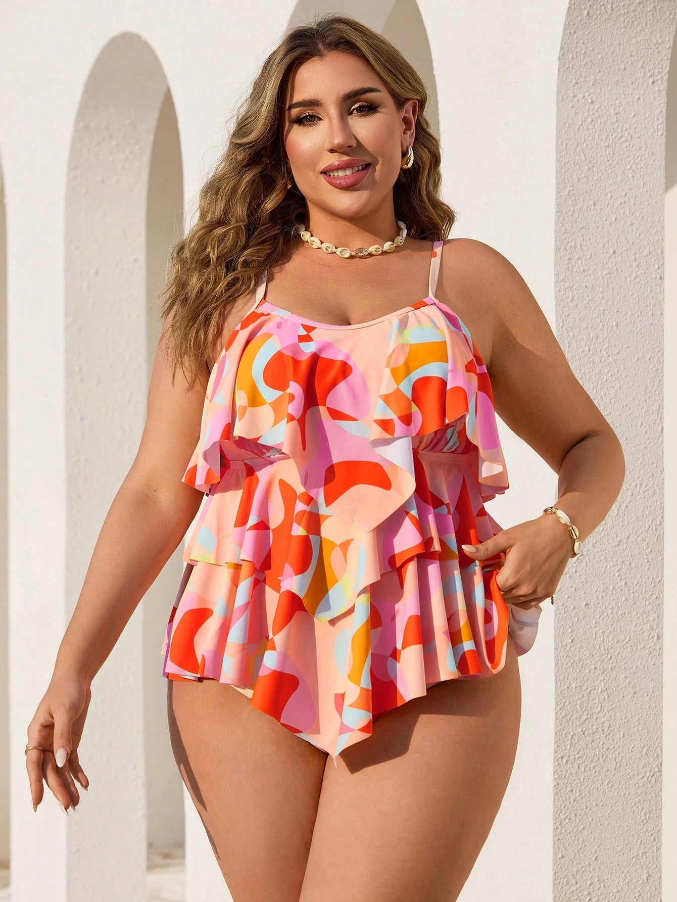 Tankini Casual Plus Size Estampa Geométrica