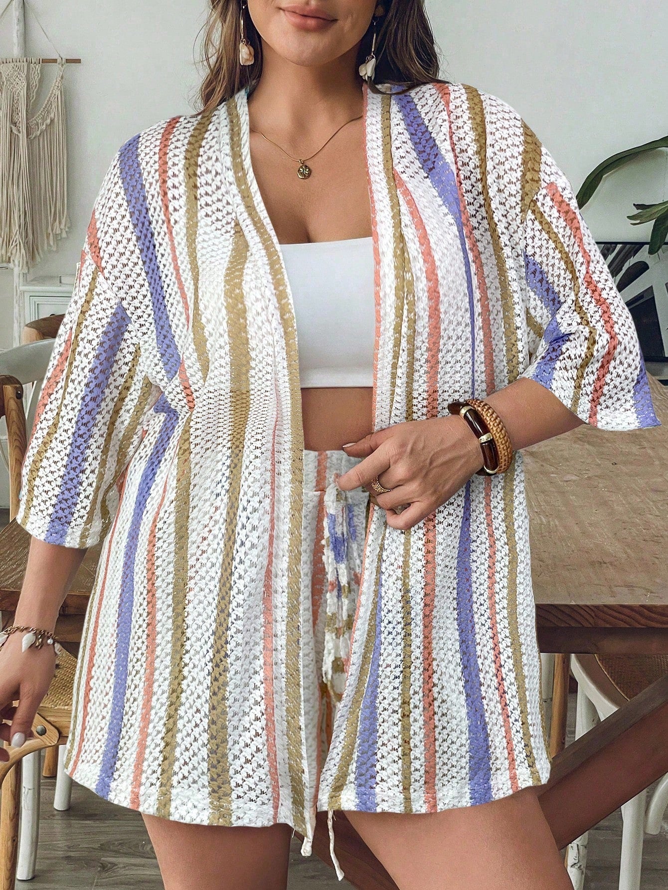 Conjunto de Saída 2 Peças Plus Size Listrado