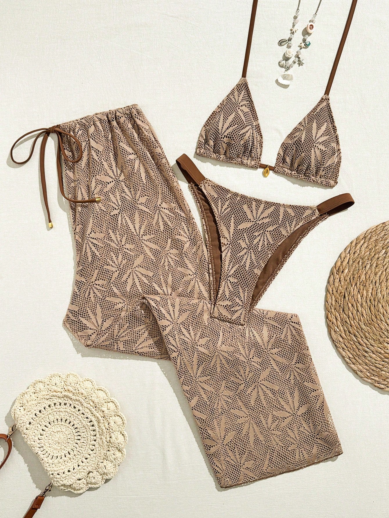 Conjunto Biquíni 3 Peças Renda Elegante Pérola M