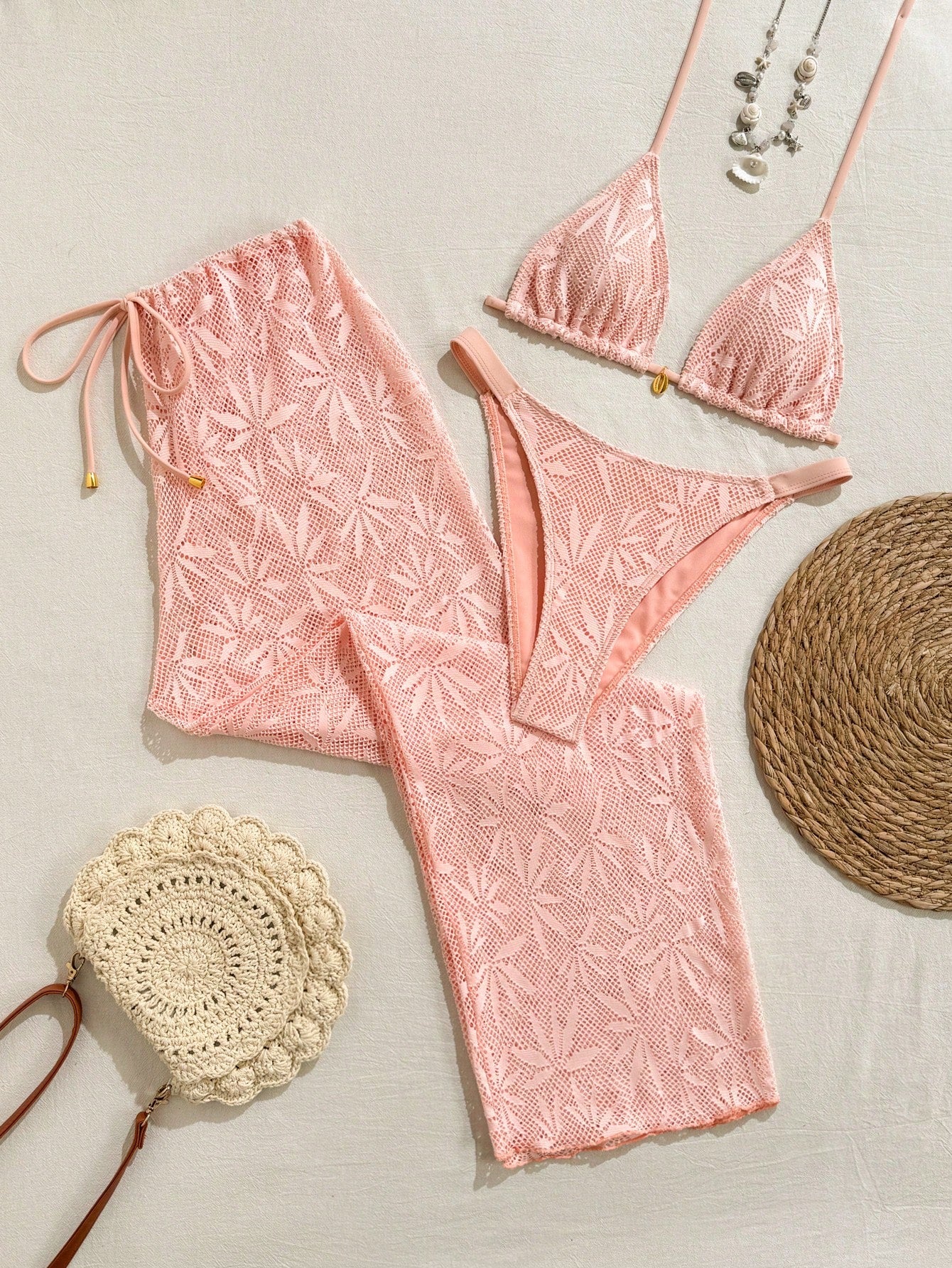 Conjunto Biquíni 3 Peças Renda Elegante Pérola