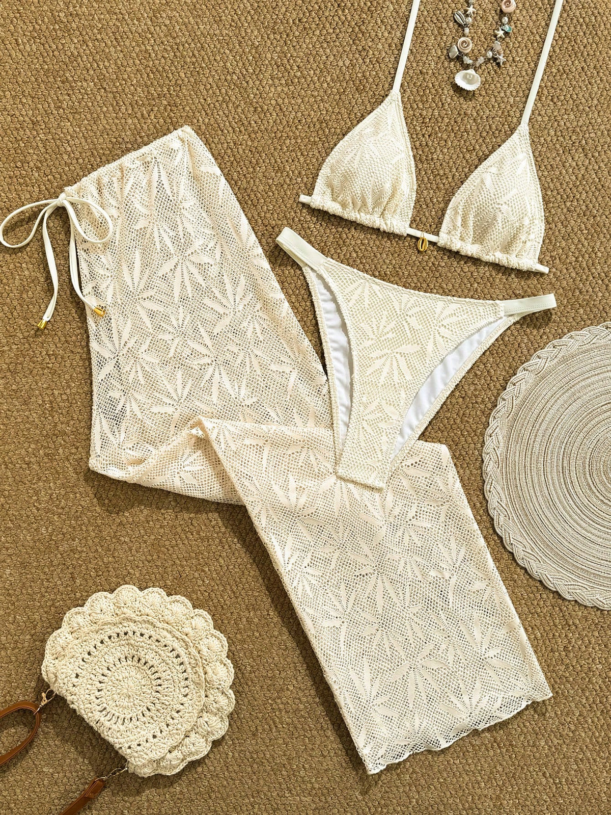 Conjunto Biquíni 3 Peças Renda Elegante Pérola