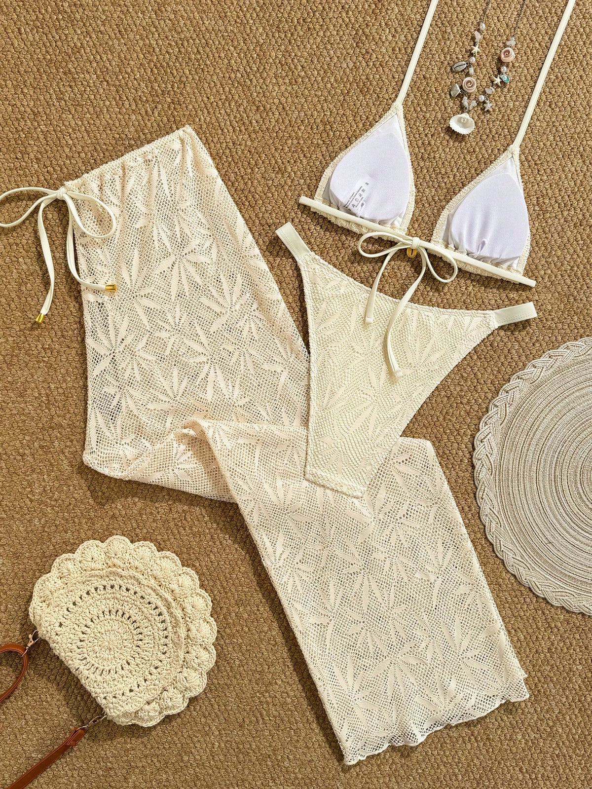 Conjunto Biquíni 3 Peças Renda Elegante Pérola