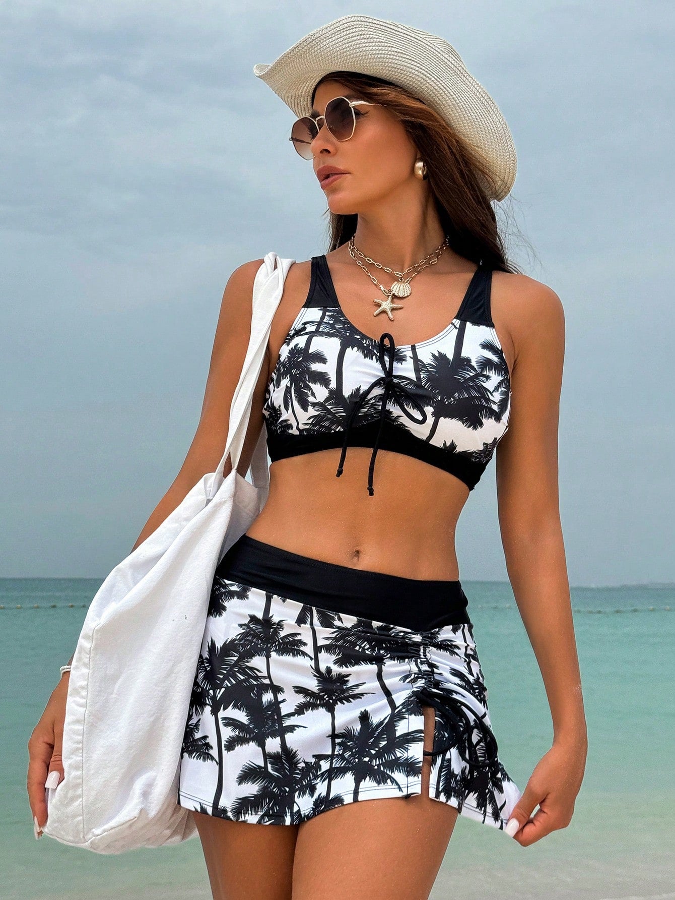 Conjunto de Biquíni Feminino de 3 Peças Tie-Dye Tropical