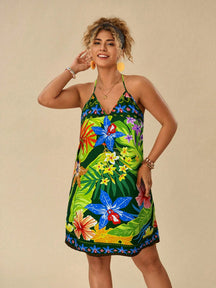 Vestido Estampado Com Plantas Tropicais Pintado Plus Size