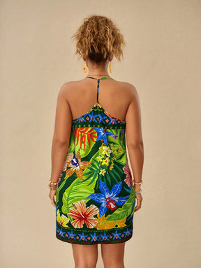 Vestido Estampado Com Plantas Tropicais Pintado Plus Size