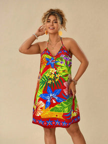 Vestido Estampado Com Plantas Tropicais Pintado Plus Size