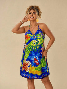 Vestido Estampado Com Plantas Tropicais Pintado Plus Size