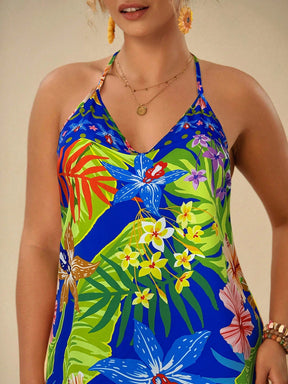 Vestido Estampado Com Plantas Tropicais Pintado Plus Size