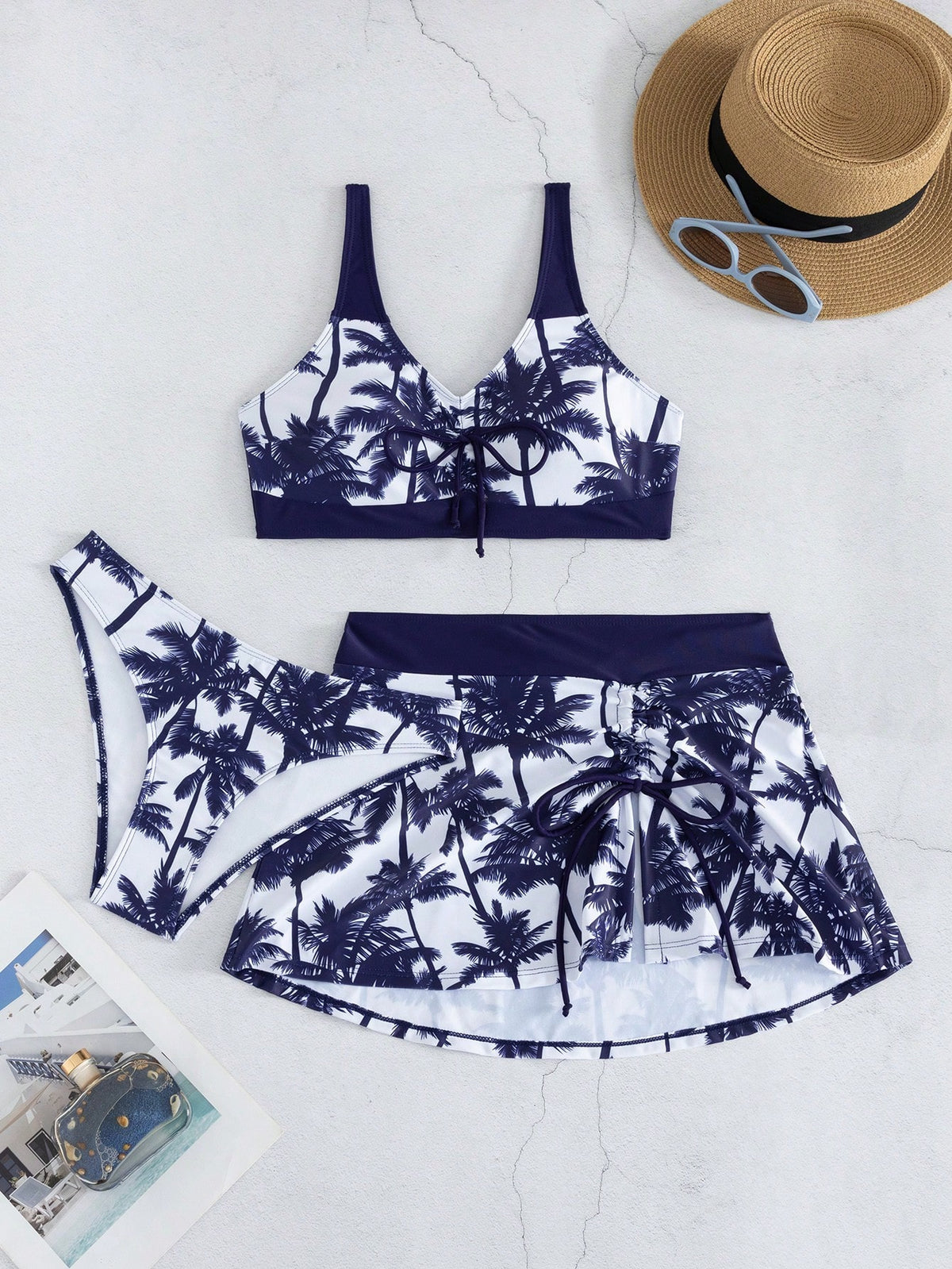 Conjunto de Biquíni Feminino de 3 Peças Tie-Dye Tropical
