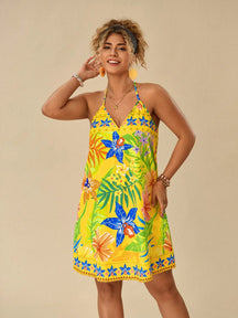Vestido Estampado Com Plantas Tropicais Pintado Plus Size