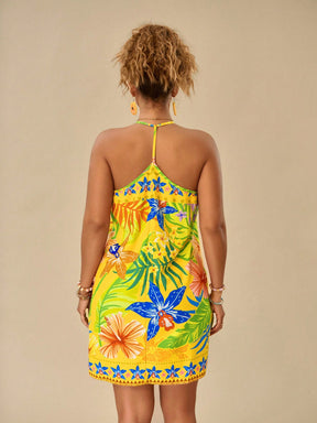 Vestido Estampado Com Plantas Tropicais Pintado Plus Size